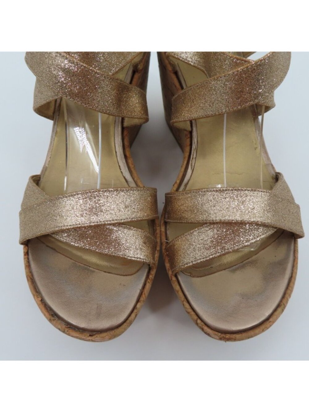 Stuart Weitzman Women 9M Gold Glitter Cork Platform Wedge Sandals Strappy Shoes - Picture 3 of 13